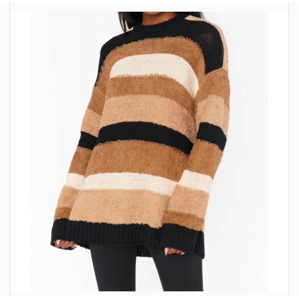 Show Me Your Mumu Timothy Oversized Tunic Sweater Neutral Multi Stripe Knit Sz M